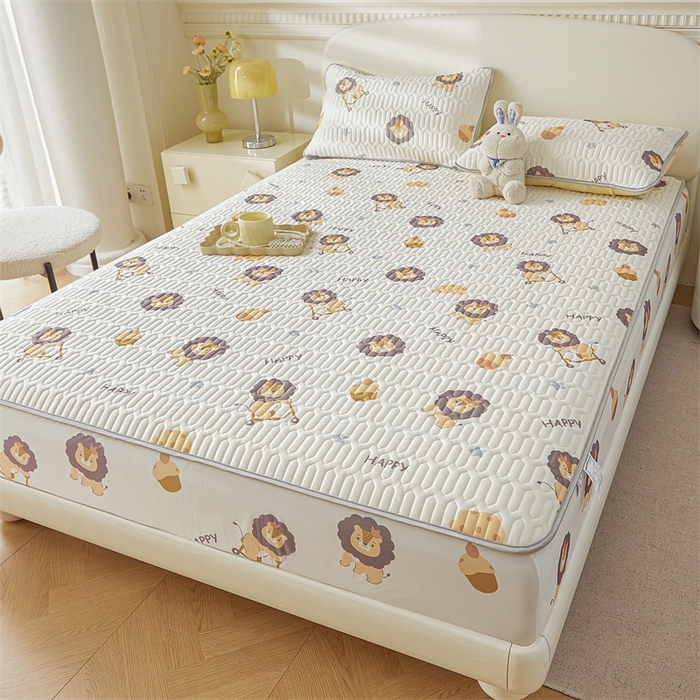 91家纺网 家纺一手货源 找家纺 雯豆2025夏季新品0.4乳胶凉席床笠款三件套凉感丝印花纯色床罩 乳胶床笠小狮子