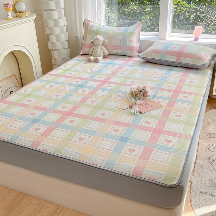 91家纺网 家纺一手货源 找家纺 星座家纺 2025新款大斜纹复合冰丝凉席-床笠款 爱心气泡粉-床笠款