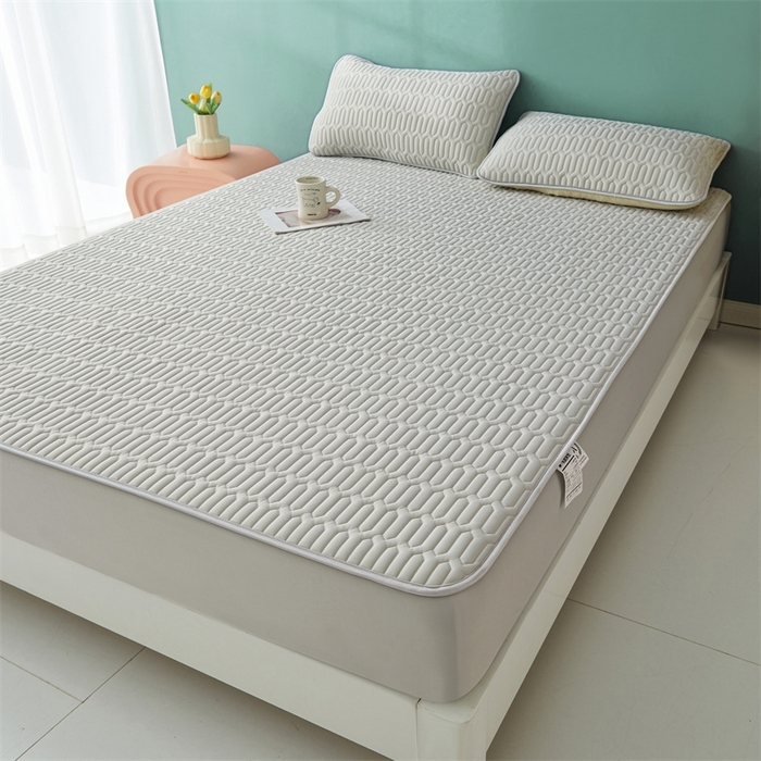 91家纺网 家纺一手货源 找家纺 雯豆2025夏季新品0.4乳胶凉席床笠款三件套凉感丝印花纯色床罩 乳胶床笠-淡雅灰