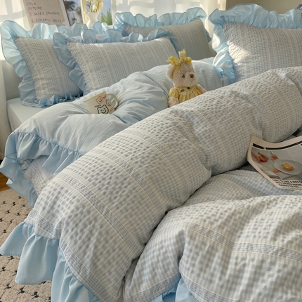 91家纺网 家纺一手货源 找家纺 （总）十里居 2025新款泡泡纱提花韩版水洗棉公主格花边款四件套