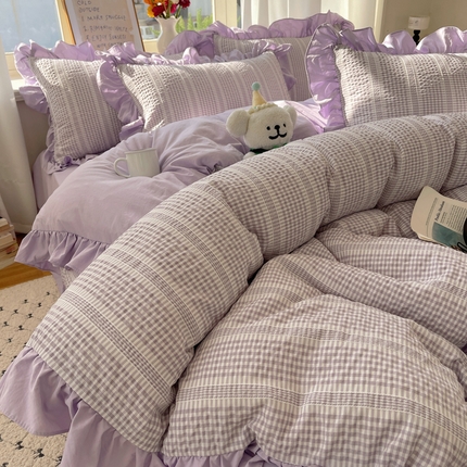 十里居 2025新款泡泡纱提花韩版公主格水洗棉花边款四件套 罗兰紫