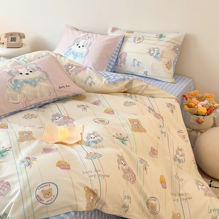 91家纺网 家纺一手货源 找家纺 典曼家纺 2025新款13372印花小清新四件套 甜宝萌汪