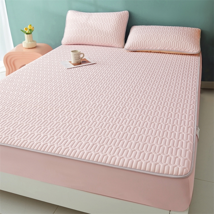 91家纺网 家纺一手货源 找家纺 雯豆2025夏季新品0.4乳胶凉席床笠款三件套凉感丝纯色席梦思床罩 纯色乳胶床笠-淡雅粉