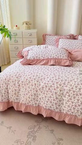 91家纺网 家纺一手货源 找家纺 金米诺 2025新款韩版有氧针织棉双层纱四件套 花境