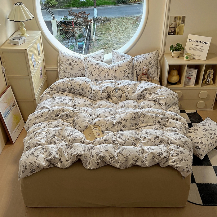 91家纺网 家纺一手货源 找家纺 花漾家居 2025新款针织双层纱被套枕套四件套 花间令