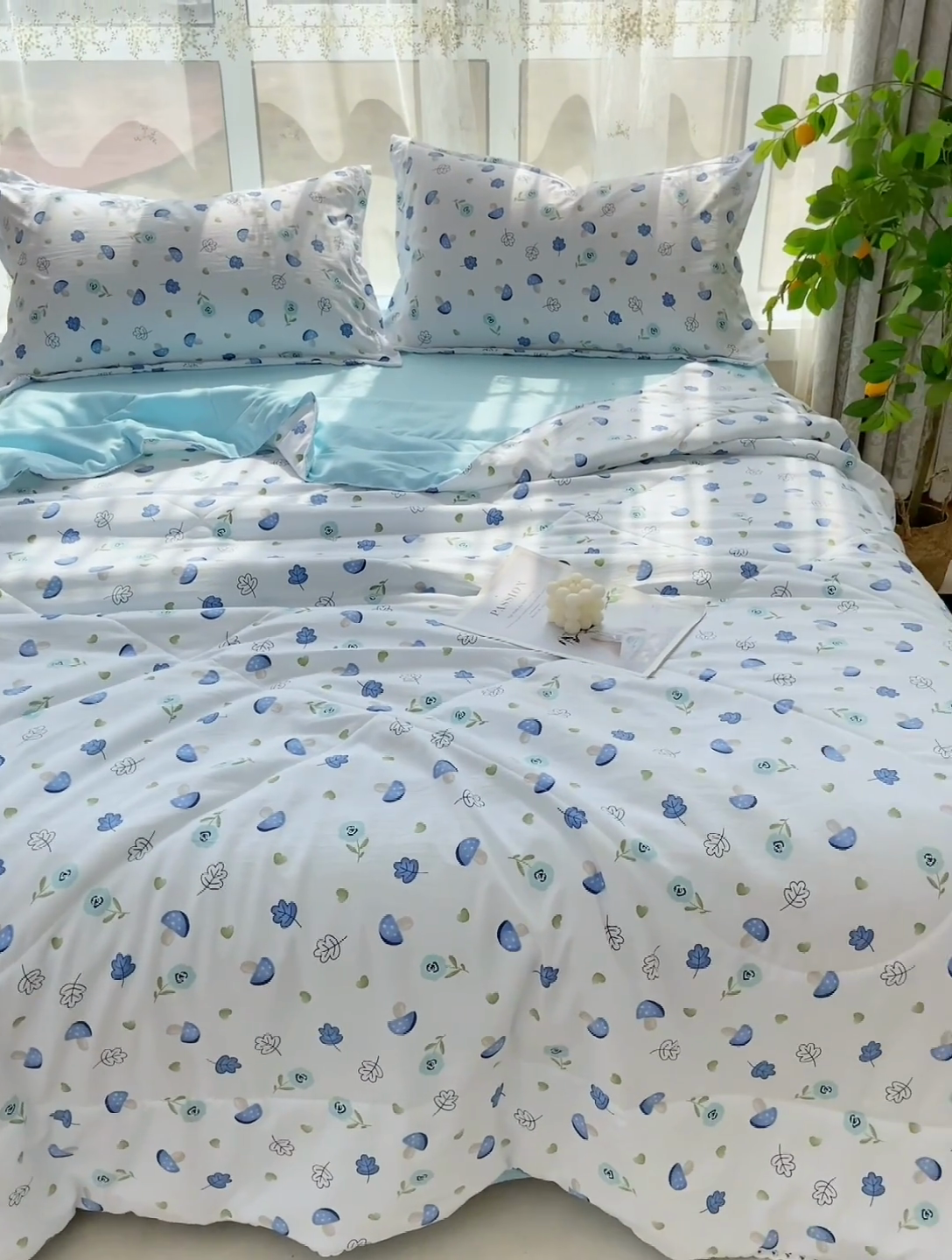 91家纺网 家纺一手货源 找家纺 鑫贝阳 2025新款亲肤水洗棉小花边印花夏被 蘑菇森林