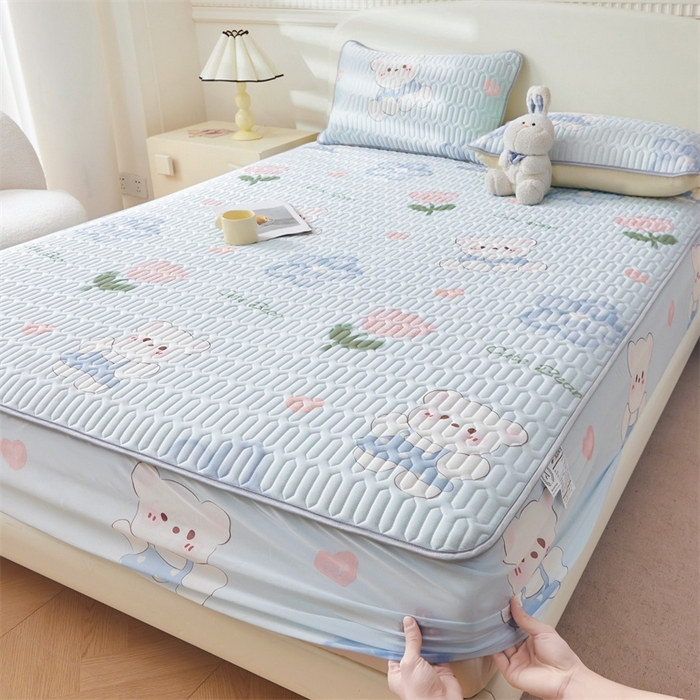 91家纺网 家纺一手货源 找家纺 雯豆2025夏季新品0.4乳胶凉席床笠款三件套凉感丝印花纯色床罩 乳胶床笠-元气满满