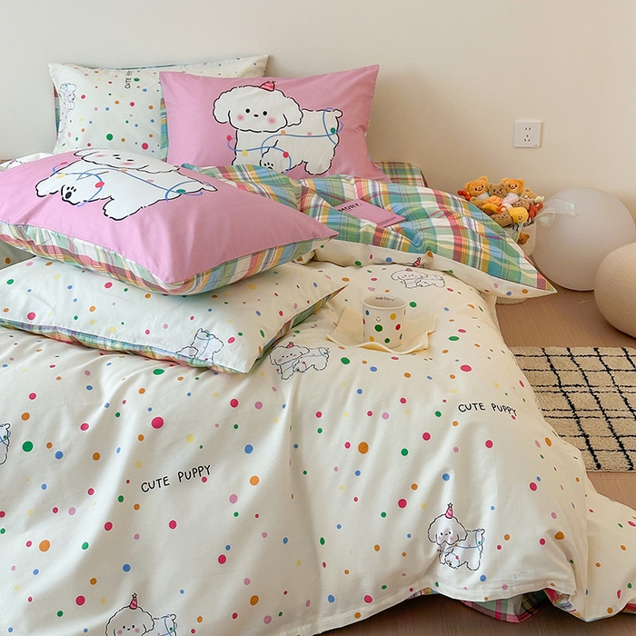 91家纺网 家纺一手货源 找家纺 典曼家纺 2025新款13372印花小清新四件套 波点狗