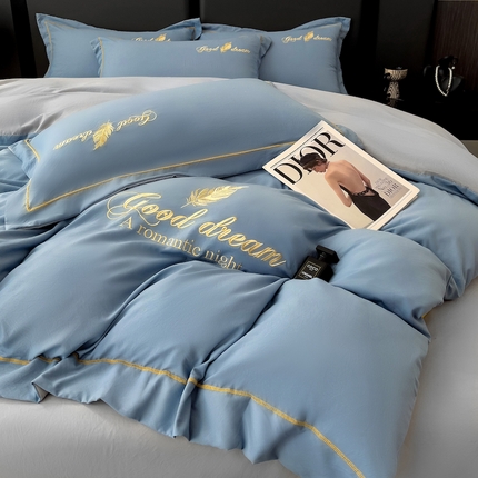 灰鲸 2025新款轻奢轻羽刺绣水洗棉套件系列 轻羽-宾利蓝+纳多灰