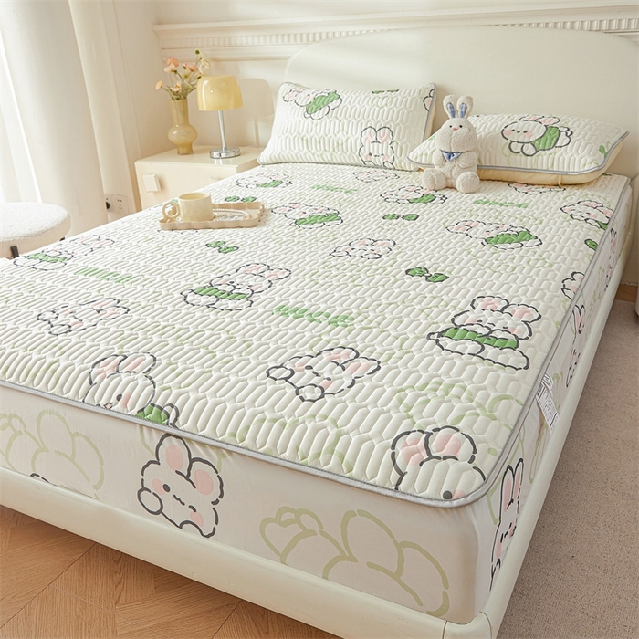 91家纺网 家纺一手货源 找家纺 雯豆2025夏季新品0.4乳胶凉席床笠款三件套凉感丝印花纯色床罩 乳胶床笠-布兰卡