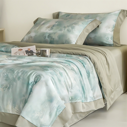 91家纺网 家纺一手货源 找家纺 （总）梦幻之城 2025新款水洗真丝数码印花拼角款夏被四件套