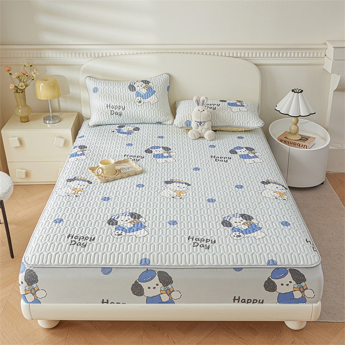 91家纺网 家纺一手货源 找家纺 雯豆2025夏季新品0.4乳胶凉席床笠款三件套凉感丝印花纯色床罩 乳胶床笠-小狗蒙迪1