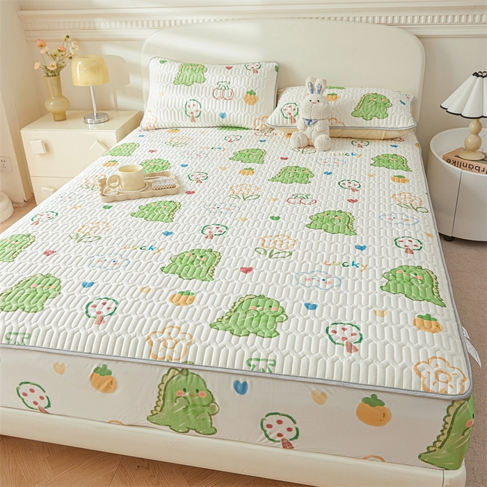 91家纺网 家纺一手货源 找家纺 雯豆2025夏季新品0.4乳胶凉席床笠款三件套凉感丝印花纯色床罩 乳胶床笠-恐龙乐园