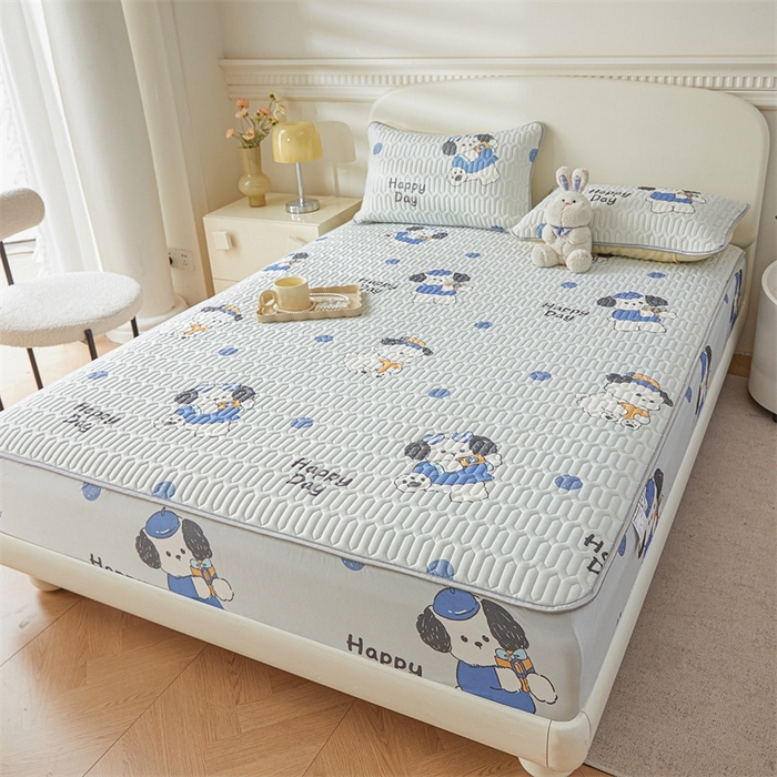 91家纺网 家纺一手货源 找家纺 雯豆2025夏季新品0.4乳胶凉席床笠款三件套凉感丝印花纯色床罩 乳胶床笠-小狗蒙迪1