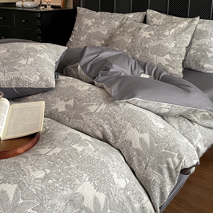 91家纺网 家纺一手货源 找家纺 宜代光年 2025新款全棉色织水洗棉大提花四件套（第一批） 红木林 深灰