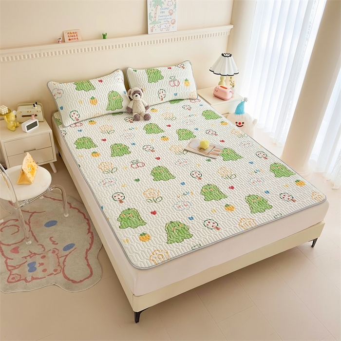 91家纺网 家纺一手货源 找家纺 雯豆2025夏季新品0.4乳胶凉席平铺款三件套凉感丝小清新印花席梦思床罩 乳胶凉席-恐龙乐园