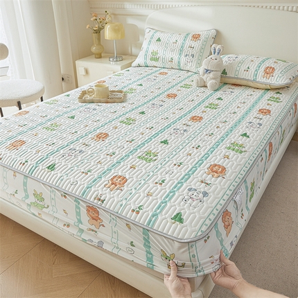雯豆2025夏季新品0.4乳胶凉席床笠款三件套凉感丝印花纯色床罩 乳胶床笠-动物聚会