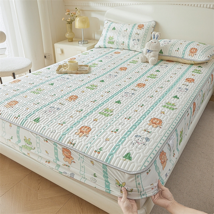 91家纺网 家纺一手货源 找家纺 雯豆2025夏季新品0.4乳胶凉席床笠款三件套凉感丝印花纯色床罩 乳胶床笠-动物聚会