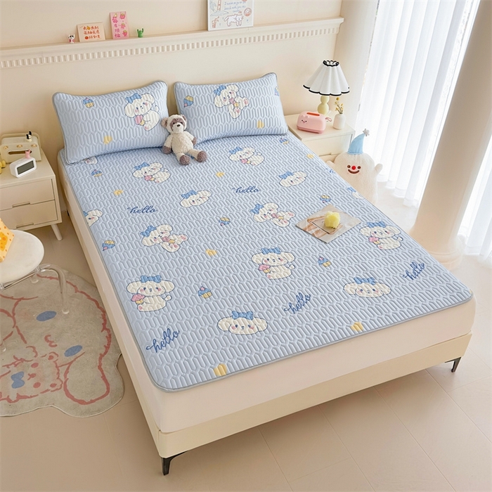 91家纺网 家纺一手货源 找家纺 雯豆2025夏季新品0.4乳胶凉席平铺款三件套凉感丝小清新印花席梦思床罩 乳胶凉席-萌萌狗1