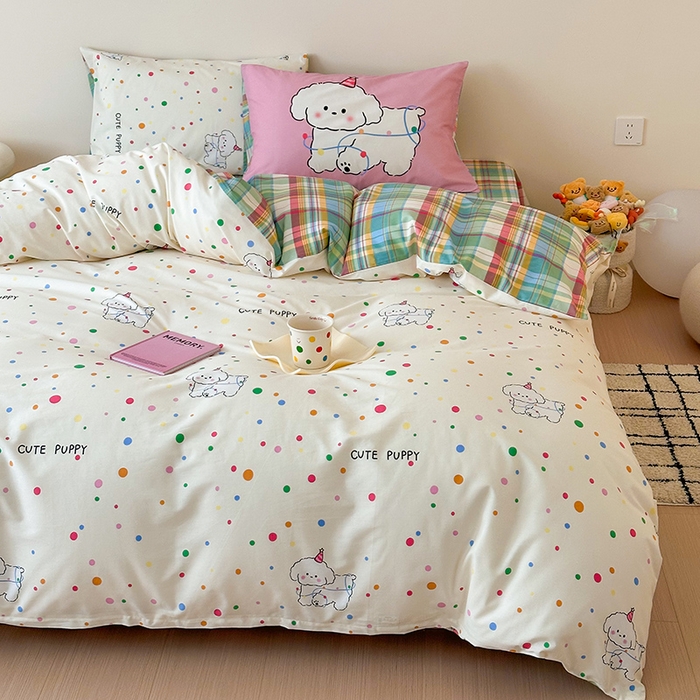 91家纺网 家纺一手货源 找家纺 典曼家纺 2025新款13372印花小清新四件套 波点狗