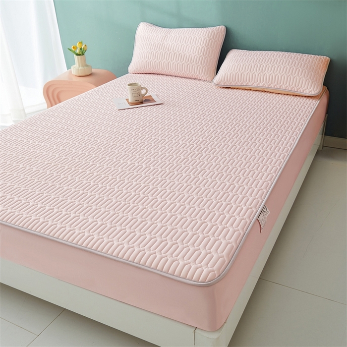 91家纺网 家纺一手货源 找家纺 雯豆2025夏季新品0.4乳胶凉席床笠款三件套凉感丝印花纯色床罩 乳胶床笠-淡雅粉