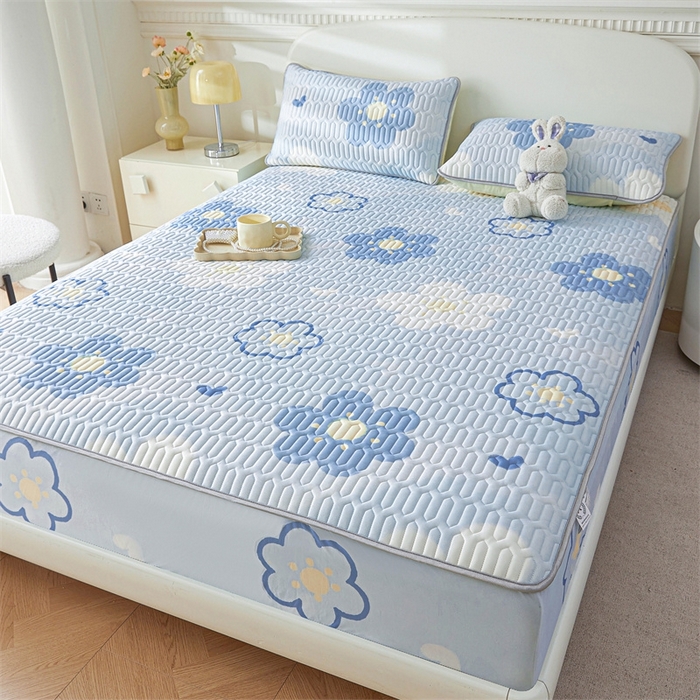 91家纺网 家纺一手货源 找家纺 雯豆2025夏季新品0.4乳胶凉席床笠款三件套凉感丝印花纯色床罩 乳胶床笠-花漾