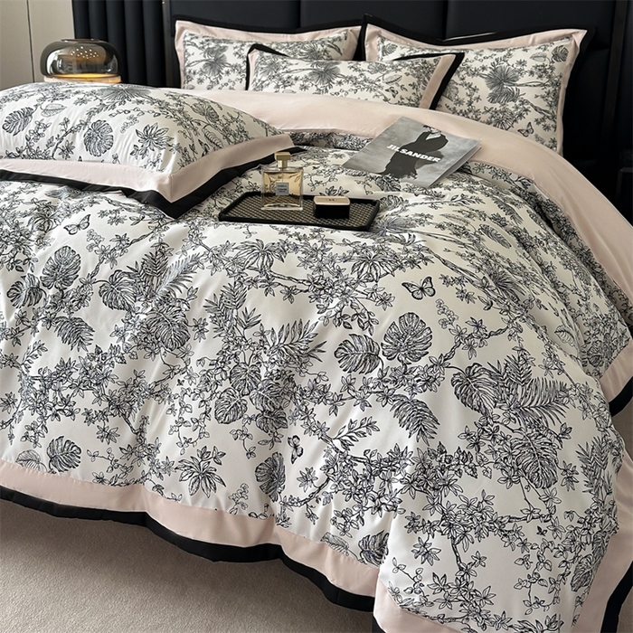 91家纺网 家纺一手货源 找家纺 一左一右2025春夏新款轻奢美式复古花卉数码印花双拼磨毛水洗棉四件套维也纳 维也纳-粉