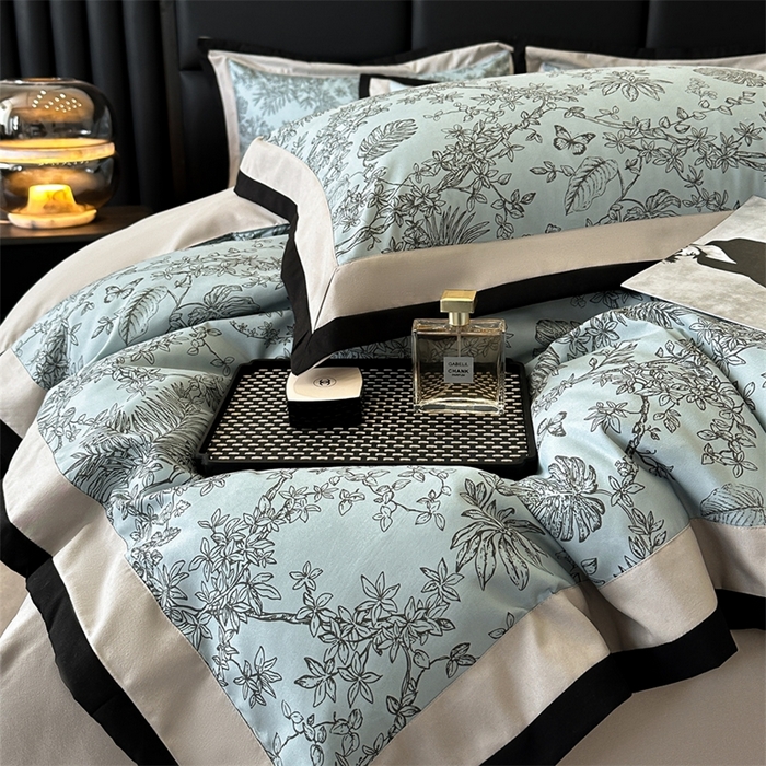 91家纺网 家纺一手货源 找家纺 一左一右2025春夏新款轻奢美式复古花卉数码印花双拼磨毛水洗棉四件套维也纳 维也纳-灰绿