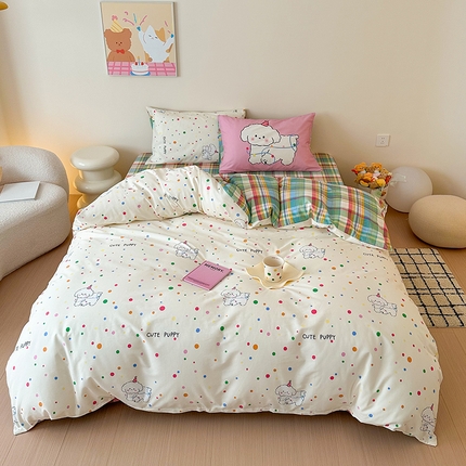 91家纺网 家纺一手货源 找家纺 典曼家纺 2025新款13372印花小清新四件套 波点狗