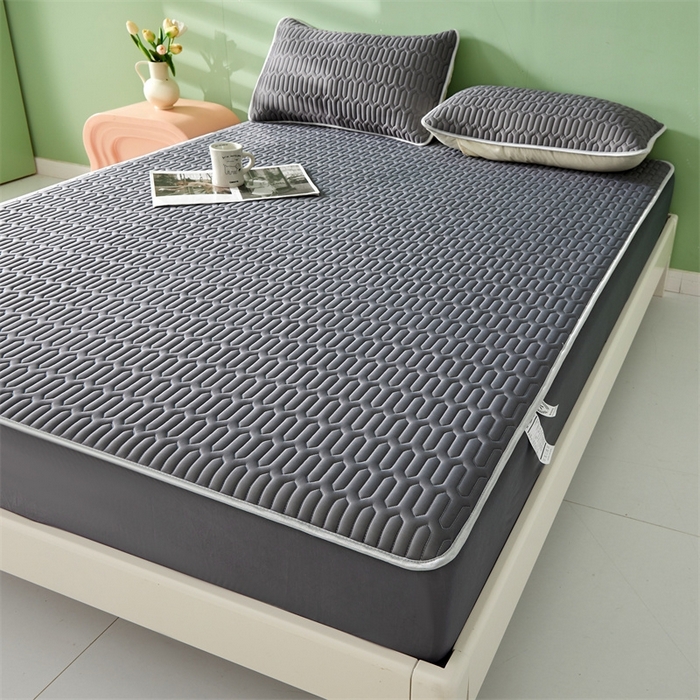 91家纺网 家纺一手货源 找家纺 雯豆2025夏季新品0.4乳胶凉席床笠款三件套凉感丝印花纯色床罩 乳胶床笠-轻奢灰