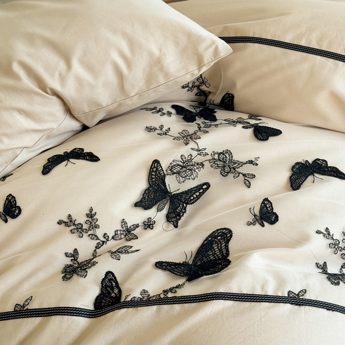 91家纺网 家纺一手货源 找家纺 2025新款水墨黑蝴蝶全棉套件 蝶恋咖