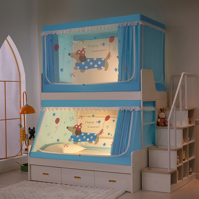 91家纺网 家纺一手货源 找家纺 安金蚊帐 2025新款子母床印花蚊帐防尘顶 铁艺宽高伸缩支架 腊肠狗