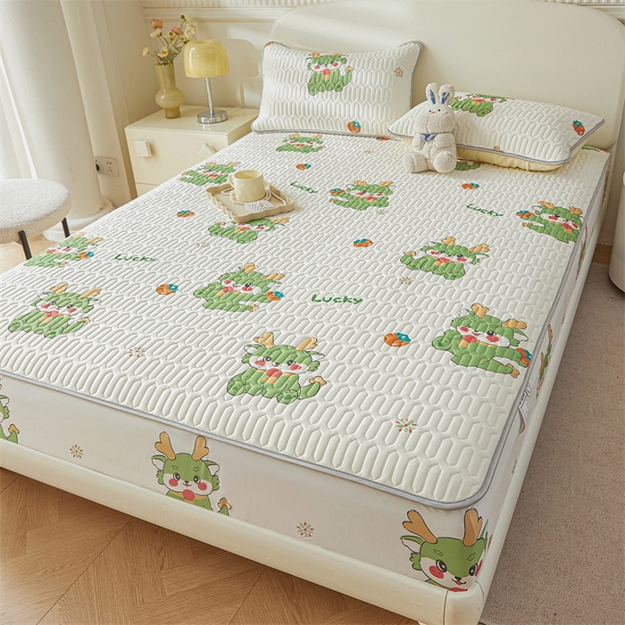 91家纺网 家纺一手货源 找家纺 雯豆2025夏季新品0.4乳胶凉席床笠款三件套凉感丝印花纯色床罩 乳胶床笠-吉祥龙