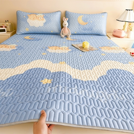 雯豆2025夏季新品0.4乳胶凉席平铺款三件套凉感丝小清新印花席梦思床罩 乳胶凉席-晚安