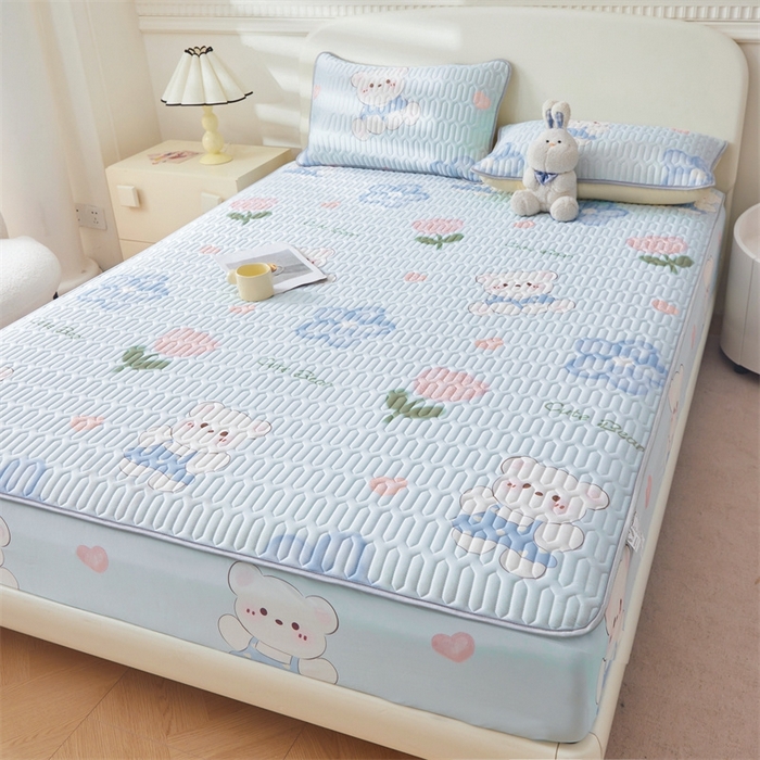 91家纺网 家纺一手货源 找家纺 雯豆2025夏季新品0.4乳胶凉席床笠款三件套凉感丝印花纯色床罩 乳胶床笠-元气满满