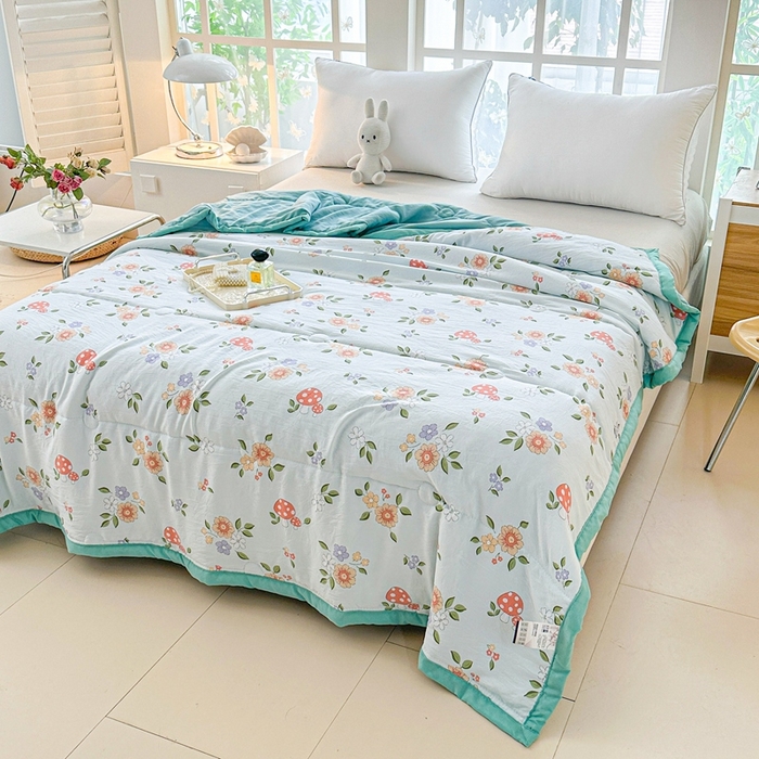 91家纺网 家纺一手货源 找家纺 好欣怡家纺 2026新款水洗棉夏被空调被被子被芯印花小清新夏凉被直播热款 水洗棉包边款-小蘑菇