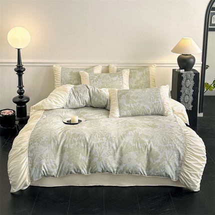 91家纺网 家纺一手货源 找家纺 （总）一左一右2025春夏新款法式少女风数码印花褶皱花边水洗棉磨毛四件套