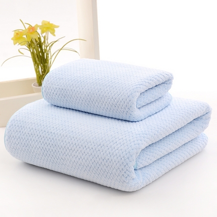 彩虹新款加厚加大珊瑚绒菠萝格方巾毛巾浴巾套装外贸跨境大浴巾吸水加厚大毛巾浴巾两件套 菠萝格蓝色毛巾浴巾组合