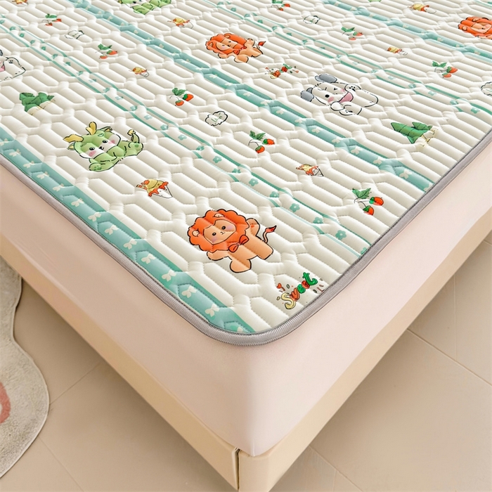 91家纺网 家纺一手货源 找家纺 雯豆2025夏季新品0.4乳胶凉席平铺款三件套凉感丝小清新印花席梦思床罩 乳胶凉席-动物聚会