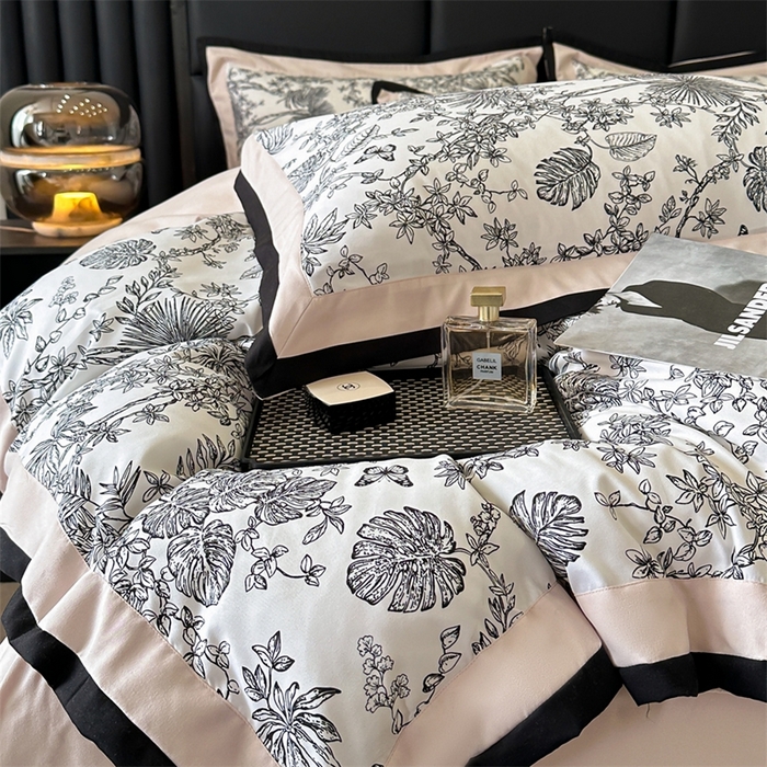 91家纺网 家纺一手货源 找家纺 一左一右2025春夏新款轻奢美式复古花卉数码印花双拼磨毛水洗棉四件套维也纳 维也纳-粉