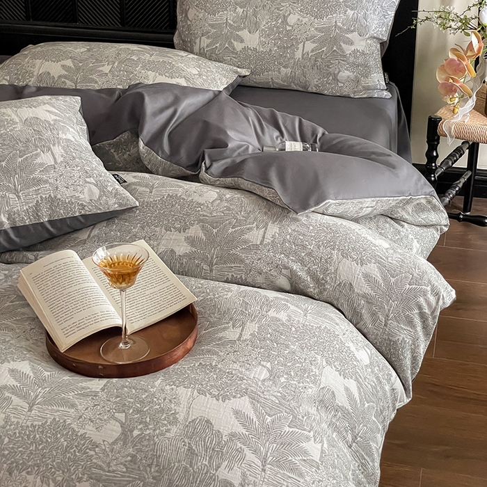 91家纺网 家纺一手货源 找家纺 宜代光年 2025新款全棉色织水洗棉大提花四件套（第一批） 红木林 深灰