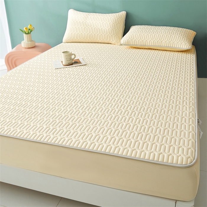 91家纺网 家纺一手货源 找家纺 雯豆2025夏季新品0.4乳胶凉席床笠款三件套凉感丝印花纯色床罩 乳胶床笠-香草黄