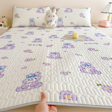 雯豆2025夏季新品0.4乳胶凉席平铺款三件套凉感丝小清新印花席梦思床罩 乳胶凉席-妮娜兔