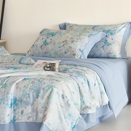 91家纺网 家纺一手货源 找家纺 （总）梦幻之城 2025新款水洗真丝数码印花拼角款夏被四件套