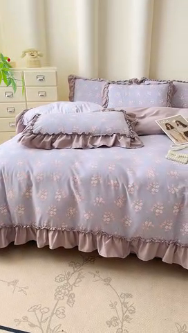 91家纺网 家纺一手货源 找家纺 金米诺 2025新款韩版有氧针织棉双层纱四件套 花俏