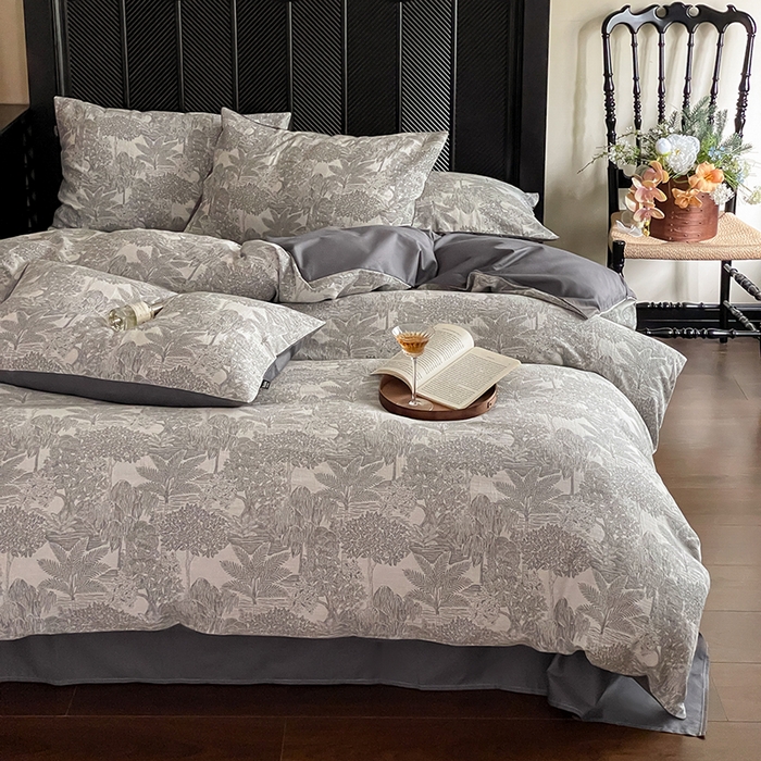 91家纺网 家纺一手货源 找家纺 宜代光年 2025新款全棉色织水洗棉大提花四件套（第一批） 红木林 深灰