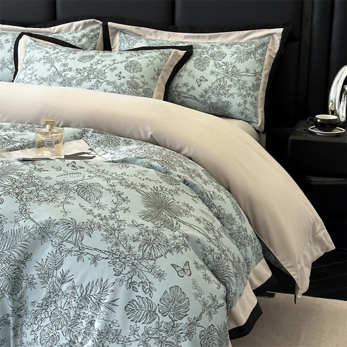 91家纺网 家纺一手货源 找家纺 （总）一左一右2025春夏新款轻奢美式复古花卉数码印花双拼磨毛水洗棉四件套维也纳