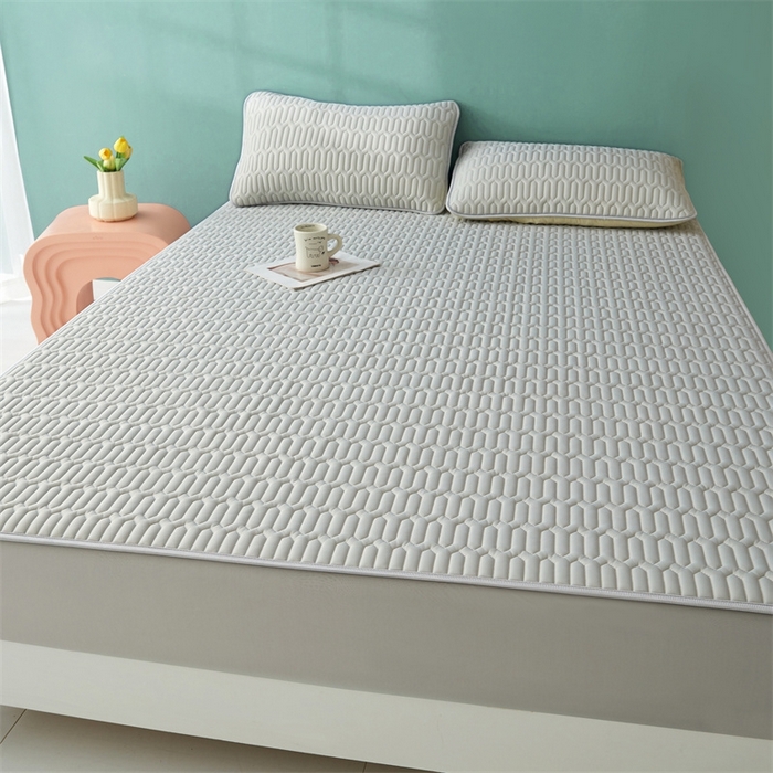 91家纺网 家纺一手货源 找家纺 雯豆2025夏季新品0.4乳胶凉席床笠款三件套凉感丝纯色席梦思床罩 纯色乳胶床笠-淡雅灰