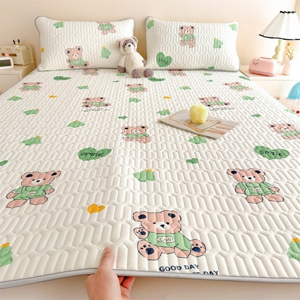 雯豆2025夏季新品0.4乳胶凉席平铺款三件套凉感丝小清新印花席梦思床罩 乳胶凉席-小树熊