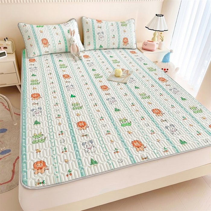 91家纺网 家纺一手货源 找家纺 雯豆2025夏季新品0.4乳胶凉席平铺款三件套凉感丝小清新印花席梦思床罩 乳胶凉席-动物聚会